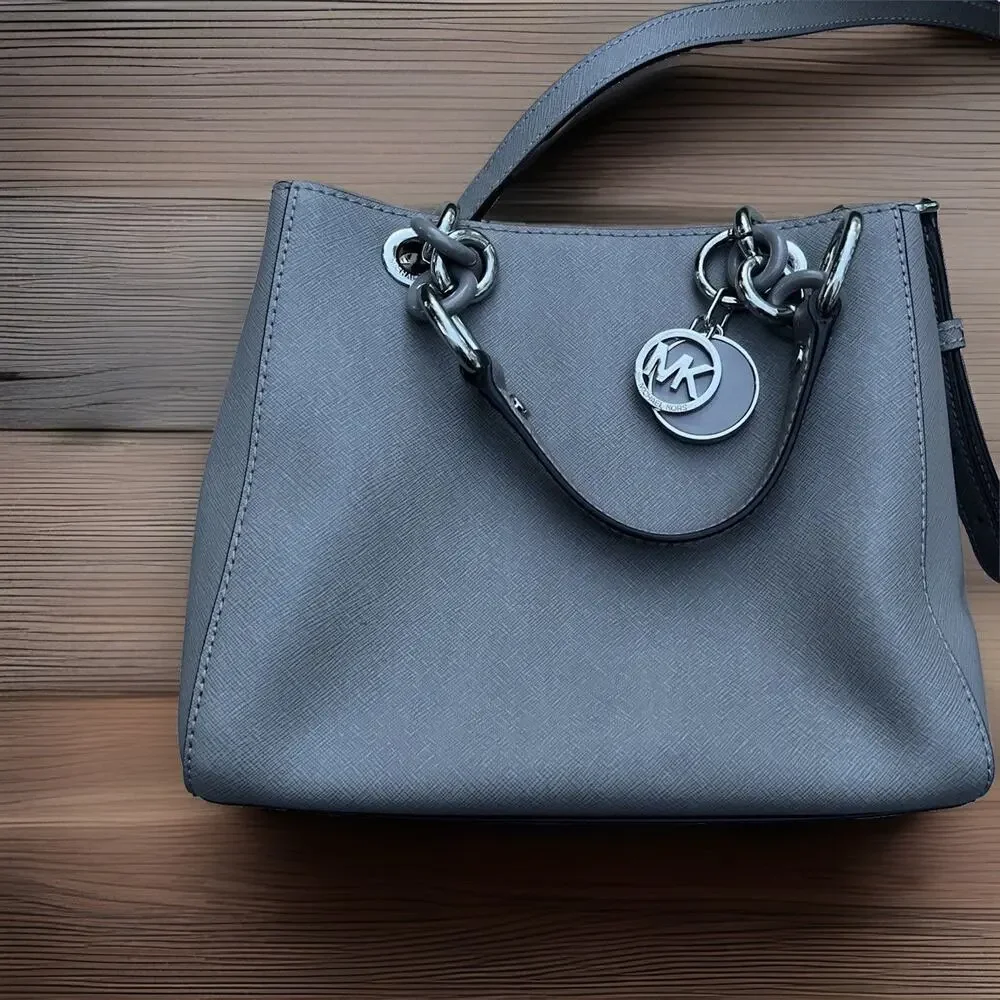 Michael Kors Pearl Grey/Slate Saffiano Leather With Bag Charm Cynthia Handbag